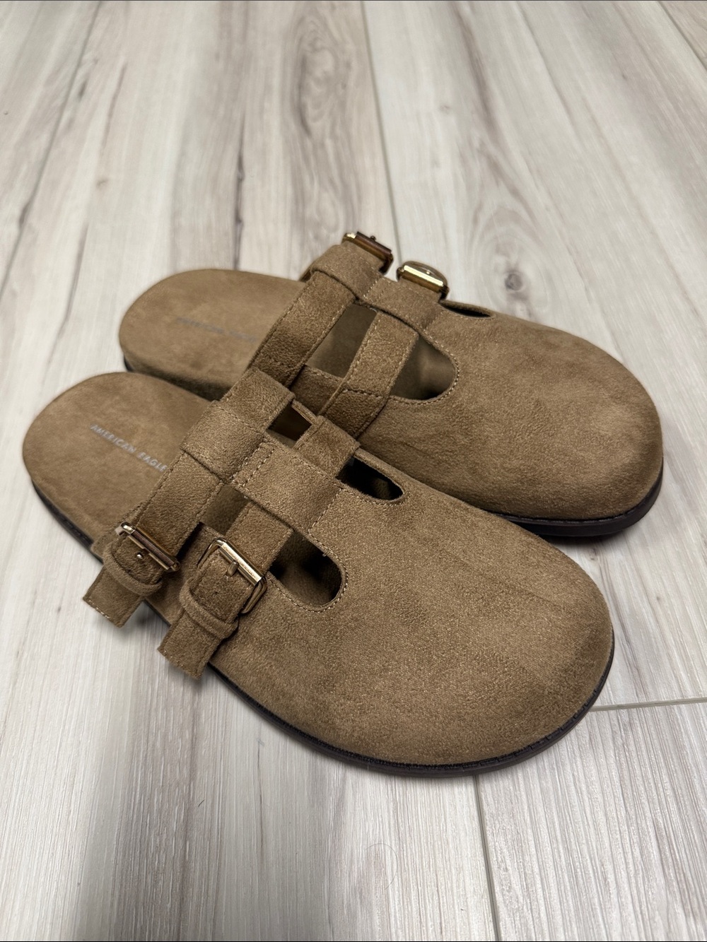 American Eagle Outfitters Tan Suede Double-Buckle Mule Clogs